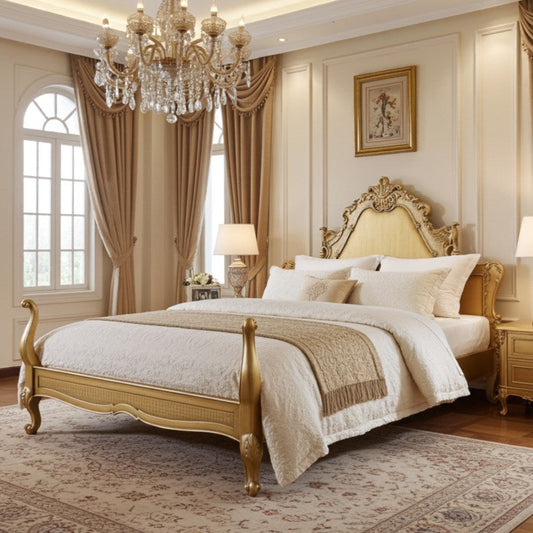 Luxurious bedroom with gold bed, chandelier, and large windows.