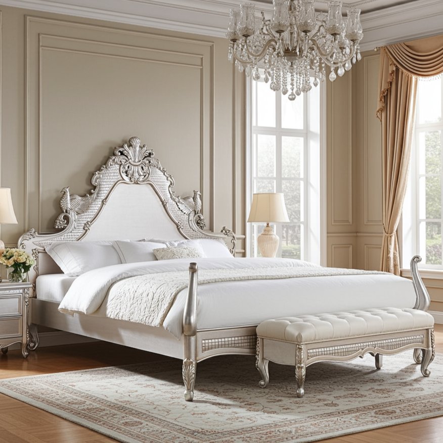 Luxurious bedroom with ornate bed and chandelier