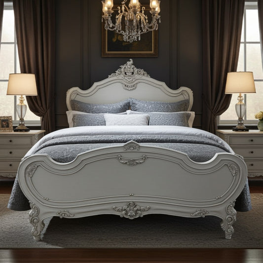 Decorative bed in a bedroom with a chandelier and lamps.