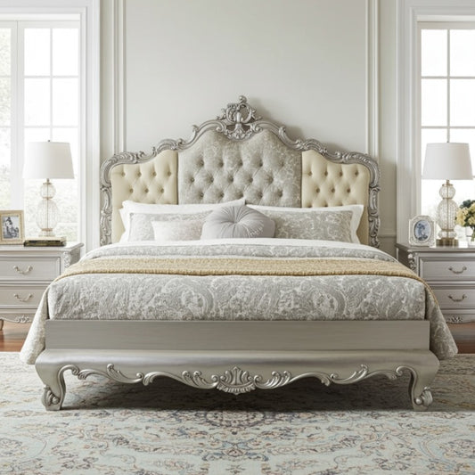 Decorative bed with intricate headboard in a bedroom setting