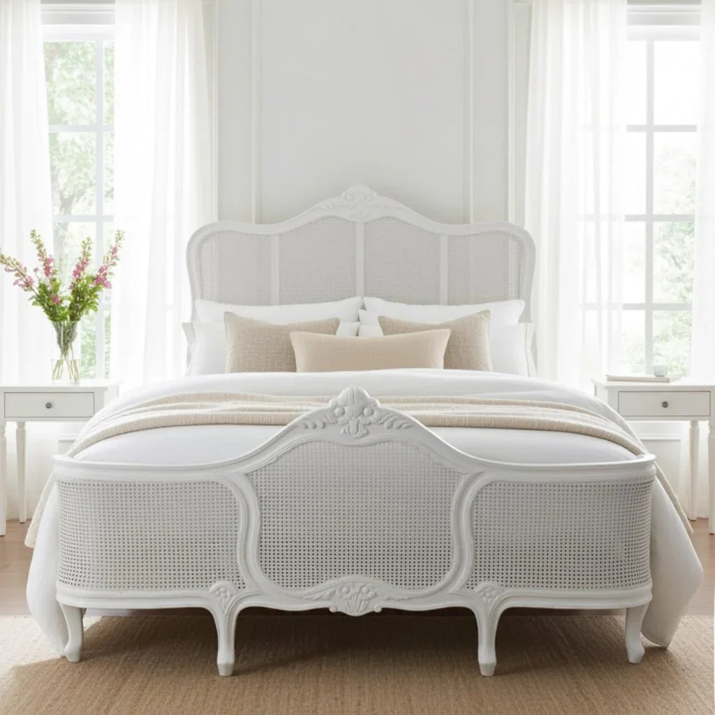 White ornate bed in a bright bedroom with large windows.