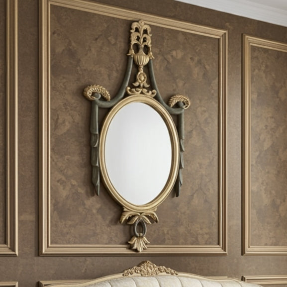 Decorative mirror with gold frame on a brown paneled wall