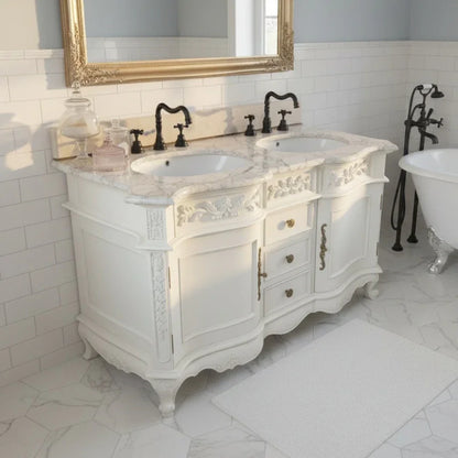 Vintage-style bathroom vanity with marble countertop and ornate details.