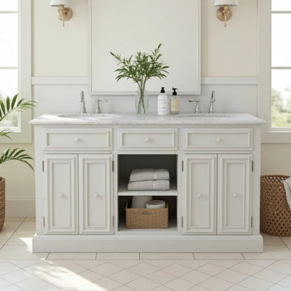 Bathroom vanity with marble countertop, cabinets, and decorative elements.