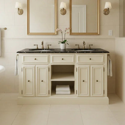 Bathroom vanity with double sink and decorative elements