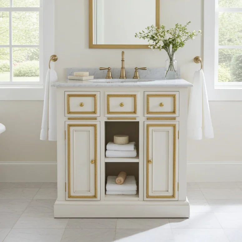 Bathroom vanity with marble countertop, gold fixtures, and decorative elements.