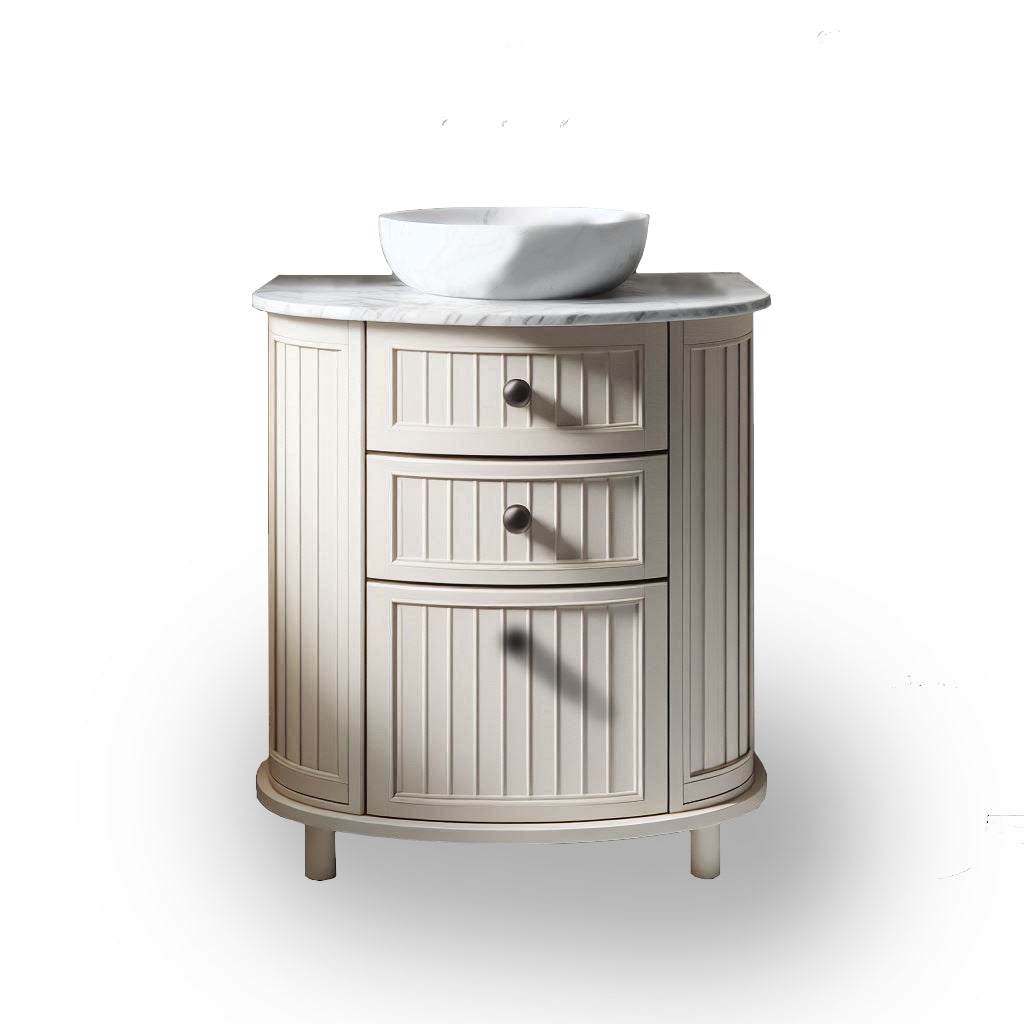 Bathroom vanity with marble countertop and white basin on a white background
