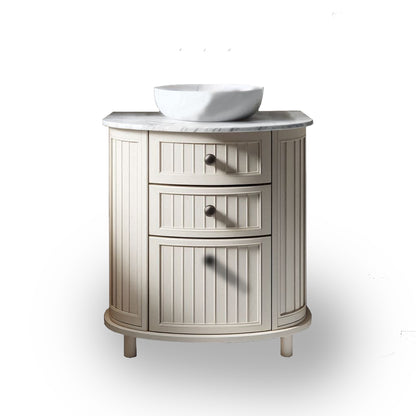 Bathroom vanity with marble countertop and white basin on a white background