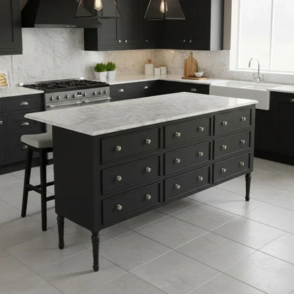 Grey kitchen breakfast island on legs in matching style kitchen