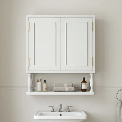 White bathroom cabinet with toiletries on a neutral wall