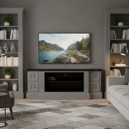 grey shaker style tv cabinet with black top in living room