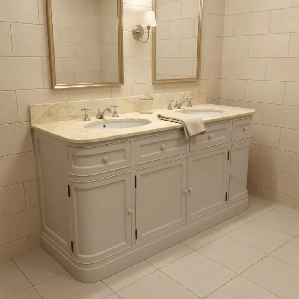 curved bathroom vanity with cream marble countertop and sink, featuring decorative elements.
