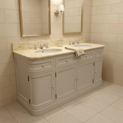 curved bathroom vanity with cream marble countertop and sink, featuring decorative elements.