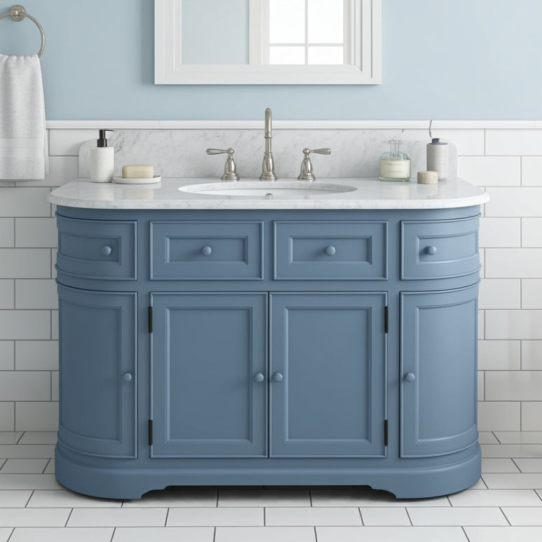 Blue bathroom vanity with white countertop and fixtures in a tiled bathroom.