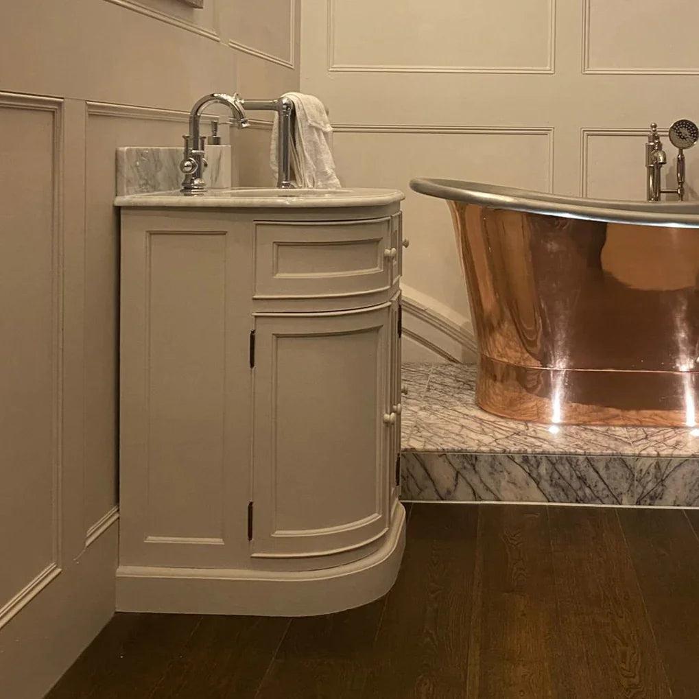 side view of petite curved vanity unit