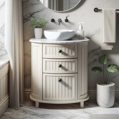 Bathroom vanity with round mirror, sink, and decorative elements.