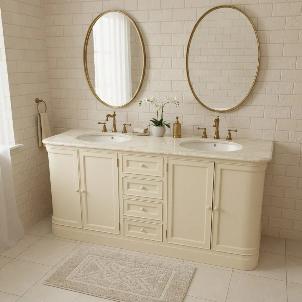 Bathroom vanity with two round mirrors, marble countertop, and tiled walls.