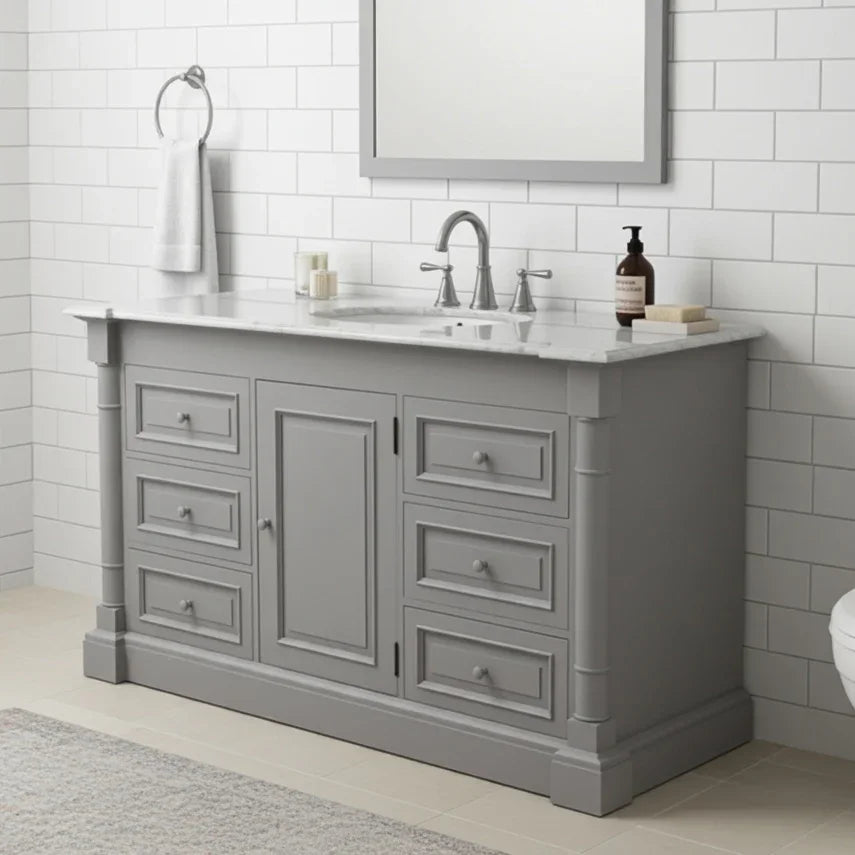 Gray bathroom vanity with white countertop, sink, and faucet in a tiled bathroom.