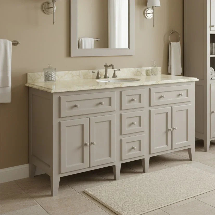 Bathroom vanity with marble countertop and mirror in a neutral-toned bathroom.