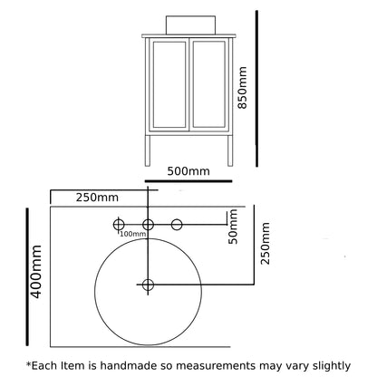Dimensions of a cabinet and sink specs on a white background