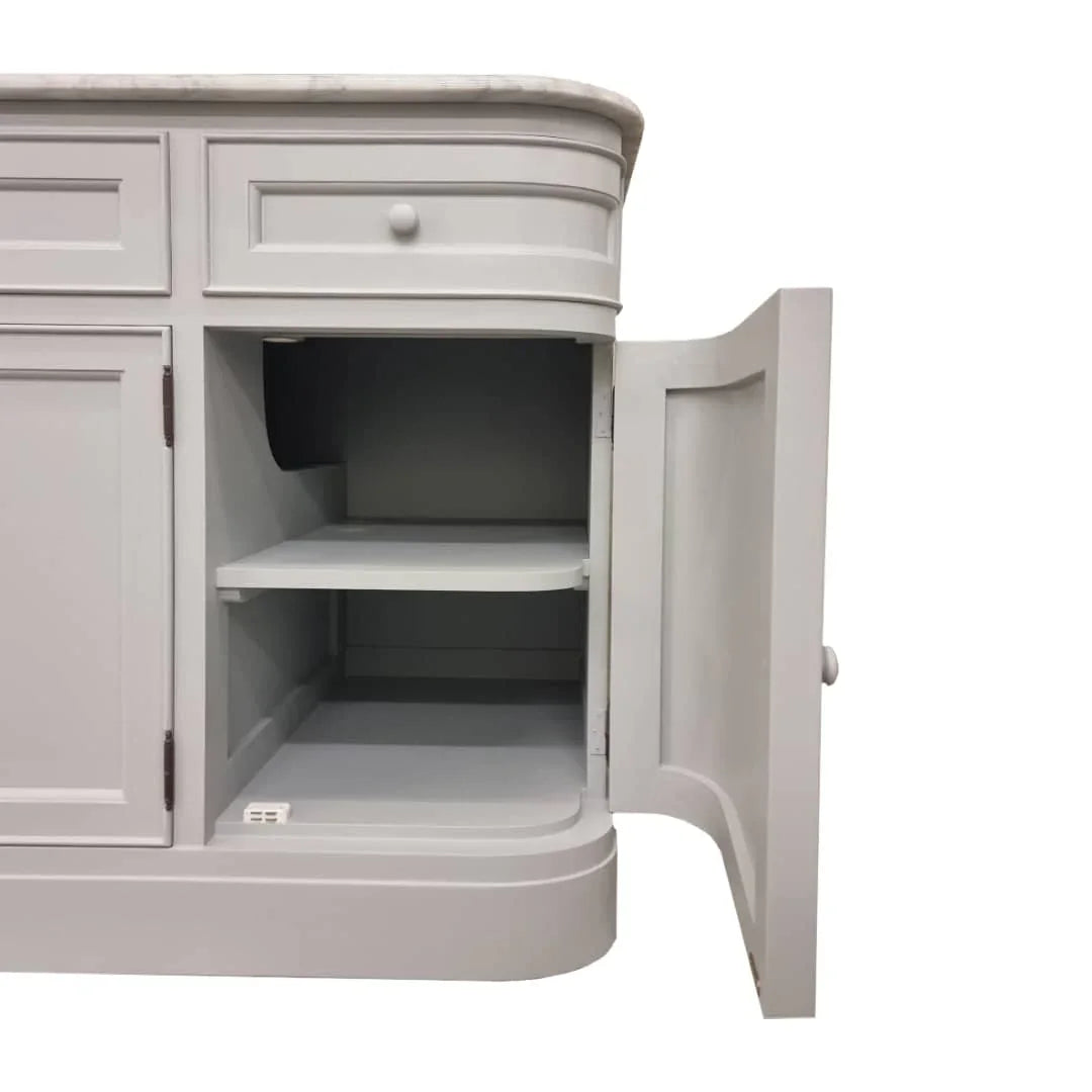 Gray cabinet with open door on a white background