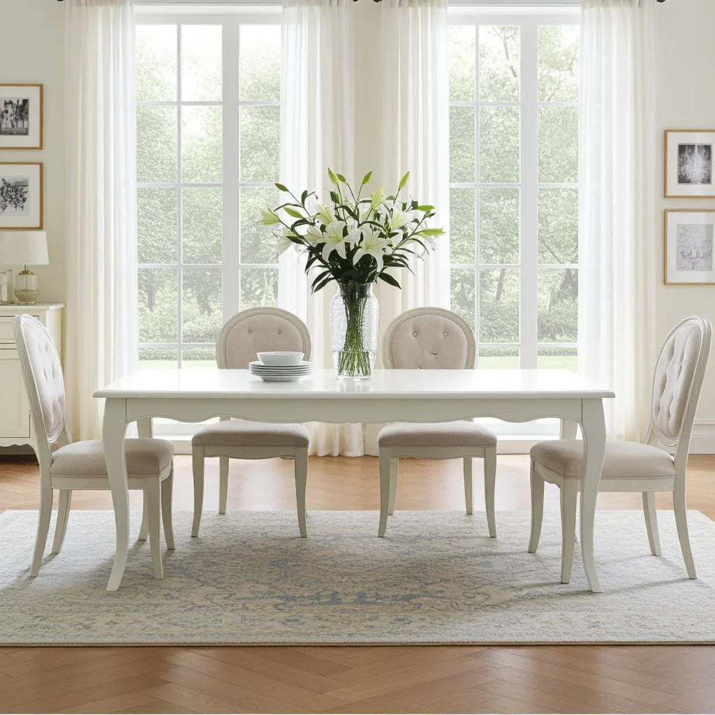 Dining room with a white table and chairs, featuring a vase of flowers.