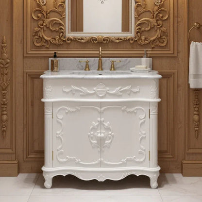 White bathroom vanity with marble countertop and gold fixtures against a wooden wall.