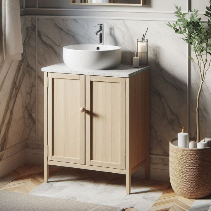 Bathroom vanity with a white sink against a marble wall.