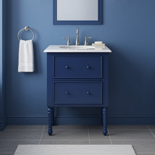Bathroom vanity with sink against a blue wall