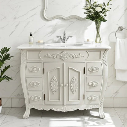 petite french style bathroom vanity unit with marble top in white marble setting