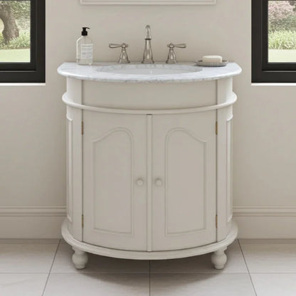 Beige bathroom vanity with sink and cabinets in a bathroom setting