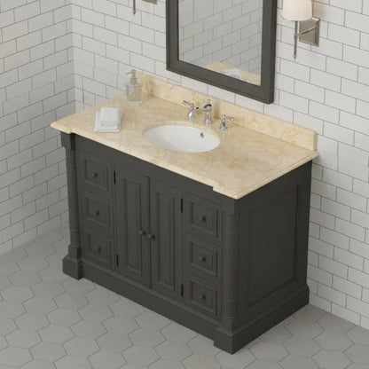 Bathroom vanity with beige countertop and mirror against a tiled wall.