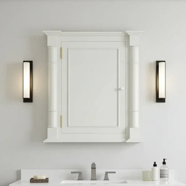 bathroom medicine cabinet, hung above a bathroom sink