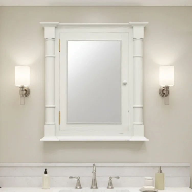 Bathroom medicine cabinet with mirror and wall lights on a beige wall.