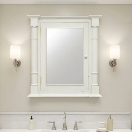 Bathroom medicine cabinet with mirror and wall lights on a beige wall.
