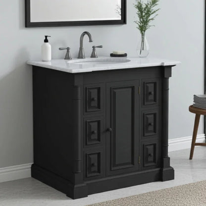 Bathroom vanity with sink and mirror in a room setting