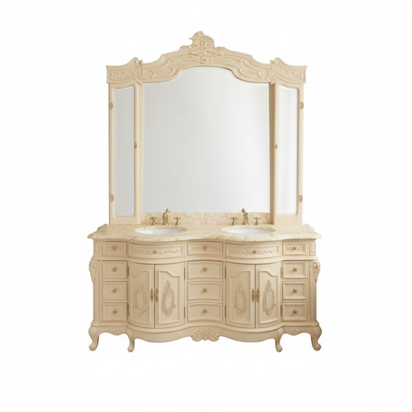 Beige bathroom vanity with large mirror on a white background