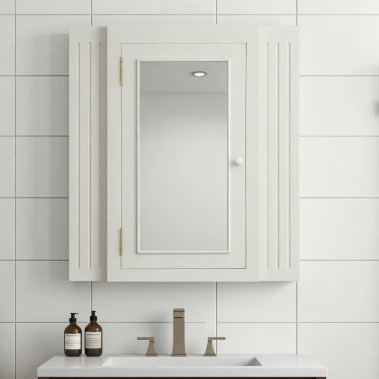 shaker bathroom medicine cabinet with mirror, hung above a bathroom sink