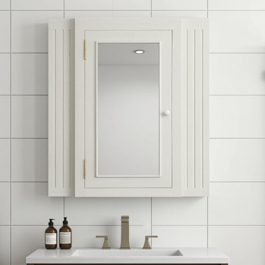 shaker bathroom medicine cabinet with mirror, hung above a bathroom sink