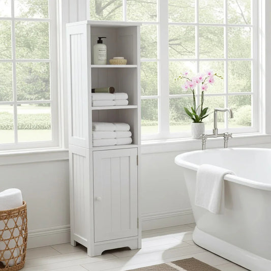 tall shaker style bathroom cabinet with open shelf top and cupboard below