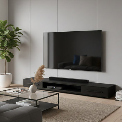 Slim line black tv cabinet in living room