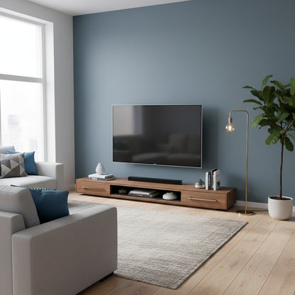 slim line wooden tv cabinet in mordern living room