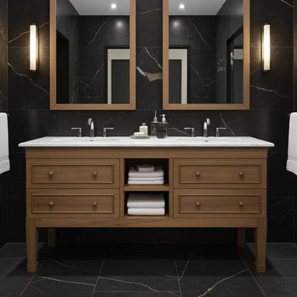 Bathroom vanity with double sink, mirrors, and lighting fixtures against a black marble wall.