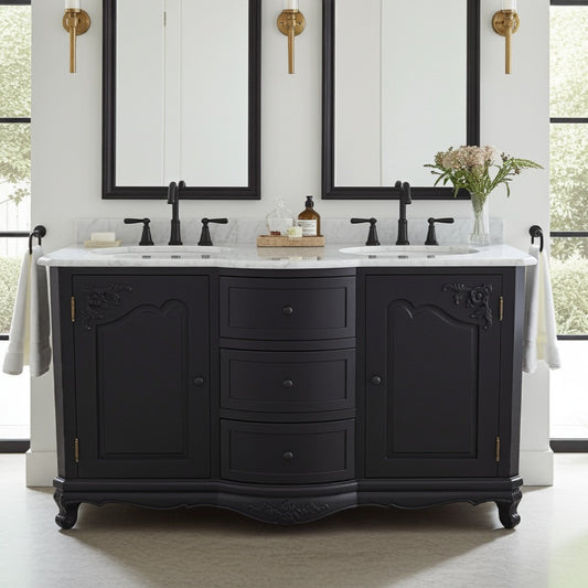 Black double vanity with marble countertop in a bathroom setting