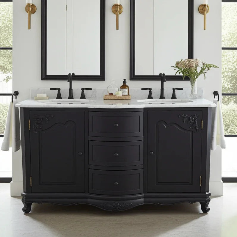 Black double vanity with marble countertop in a bathroom setting