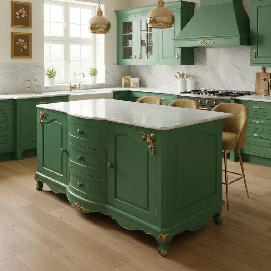 Side view of Green kitchen island with white flowers in a vase, set against a green tiled wall.