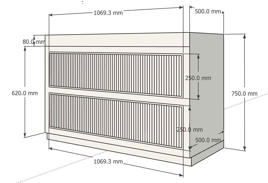 Technical drawing of a cabinet with dimensions labeled