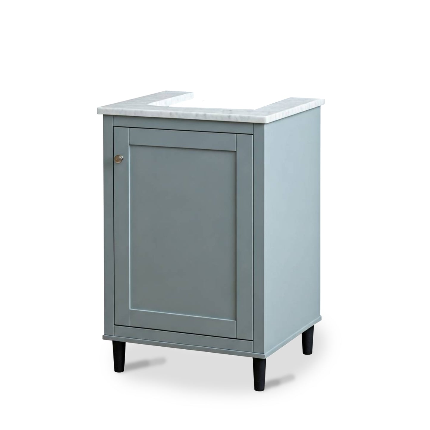 Gray bathroom vanity with white marble top on a white background