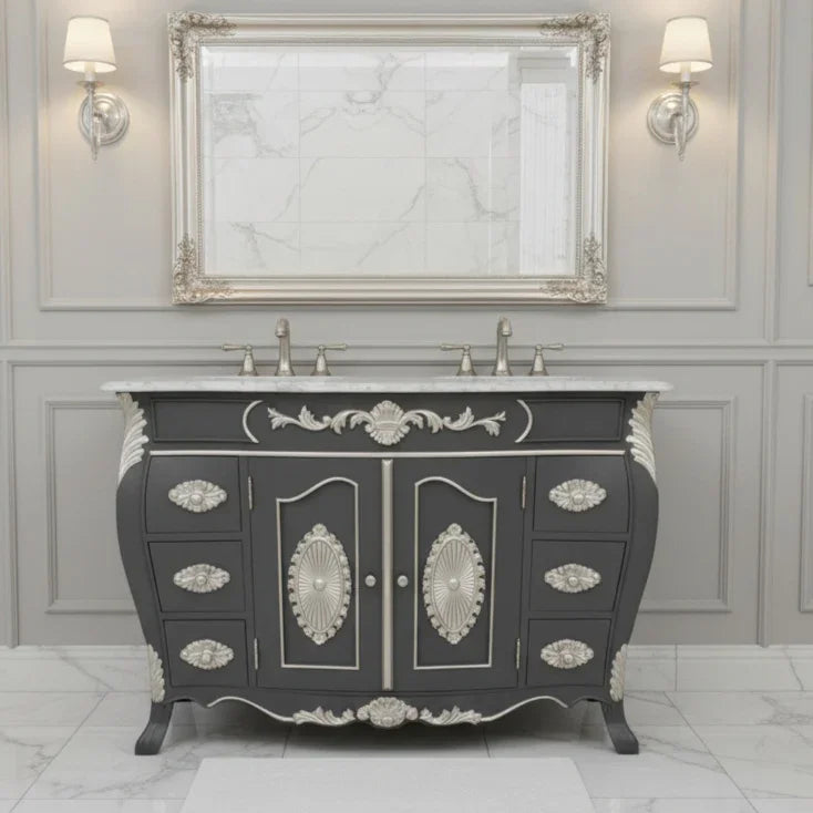 Decorative bathroom vanity with ornate details in a grayish-white color scheme.