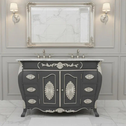 Decorative bathroom vanity with ornate details in a grayish-white color scheme.